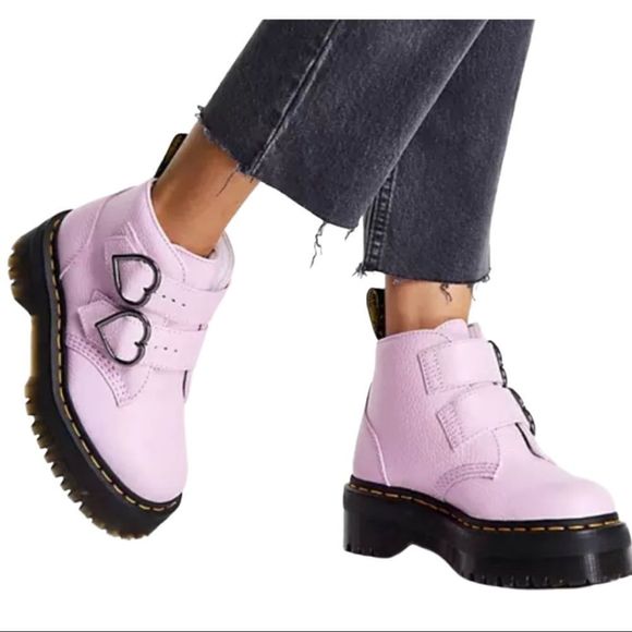 Dr. Martens Light Pink Devon Heart Leather Platform Boots - Picture 4 of 14